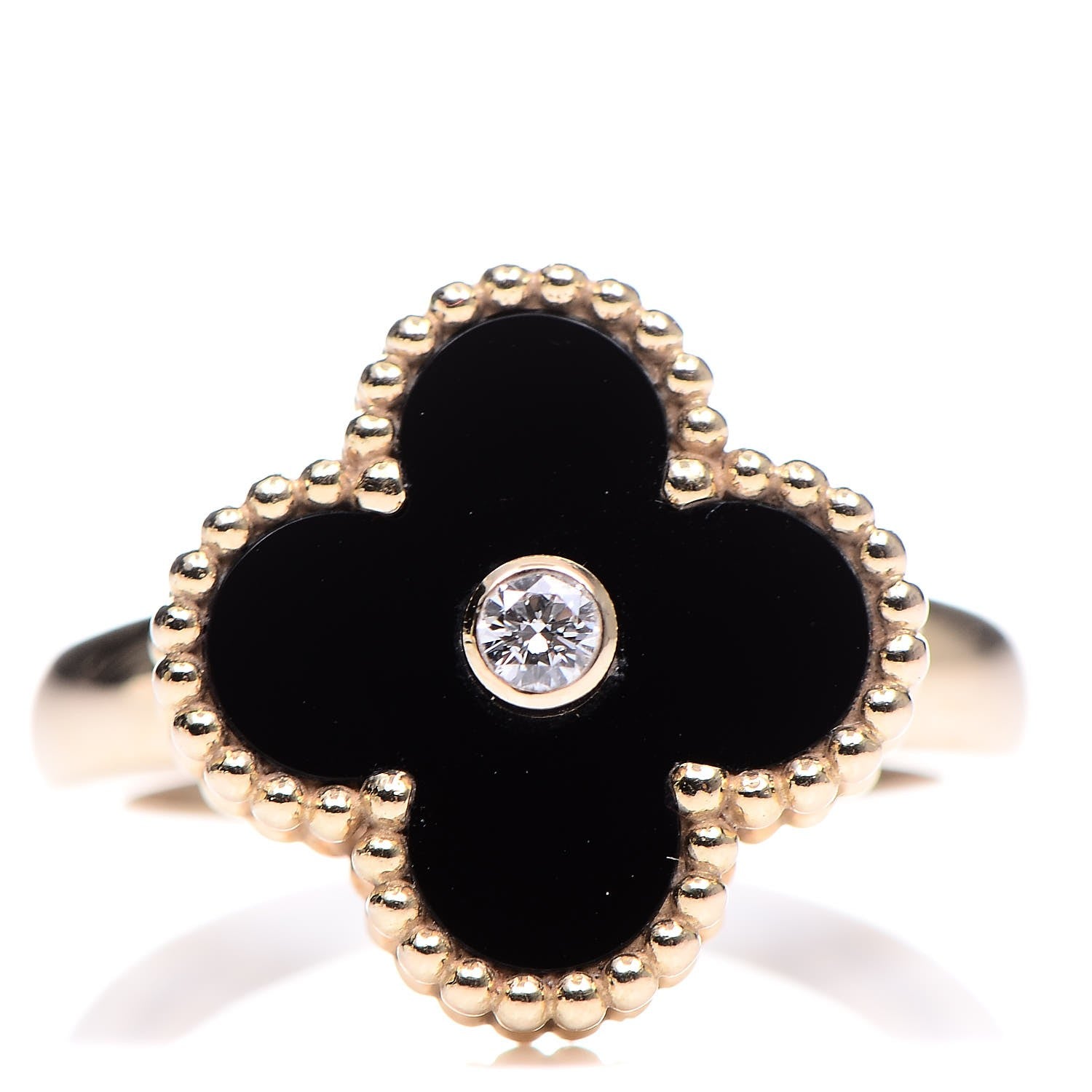Van Cleef & Arpels 18K Yellow Gold Black Onyx Diamond Vintage Alhambra Ring 52 6 1 of 7