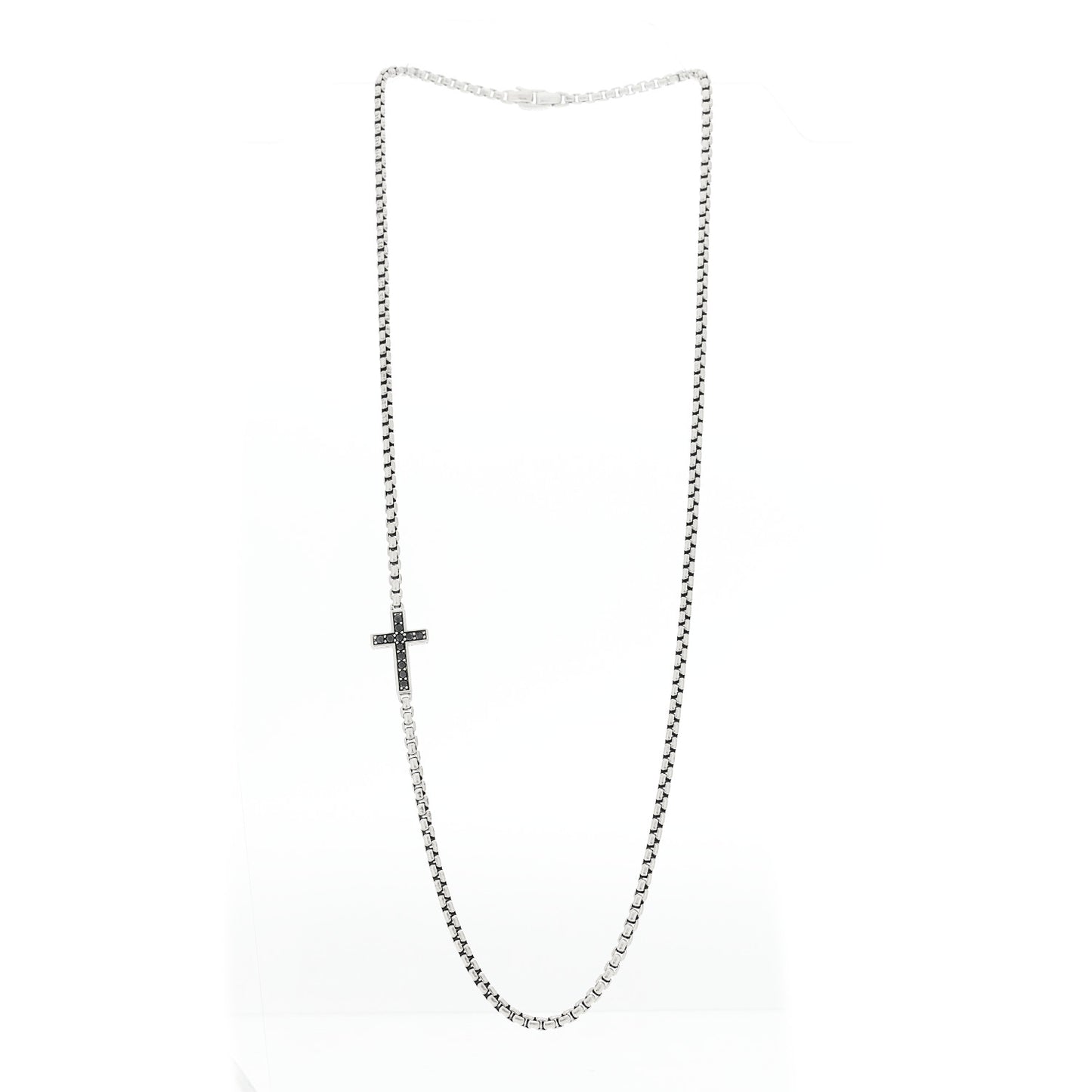 Sterling Silver Black Diamond Streamline Cross Station Necklace 26"