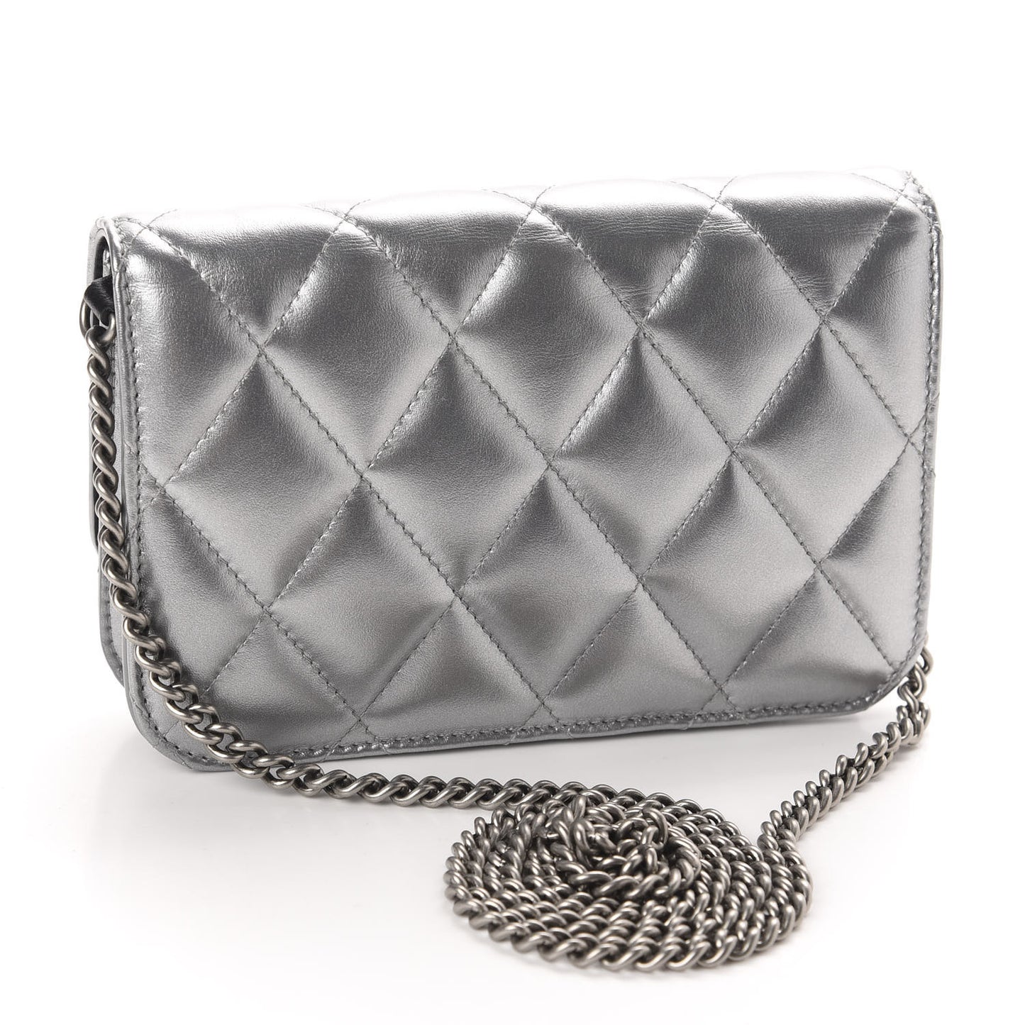 Metallic Calfskin Quilted Touch B Wallet On Chain Silver