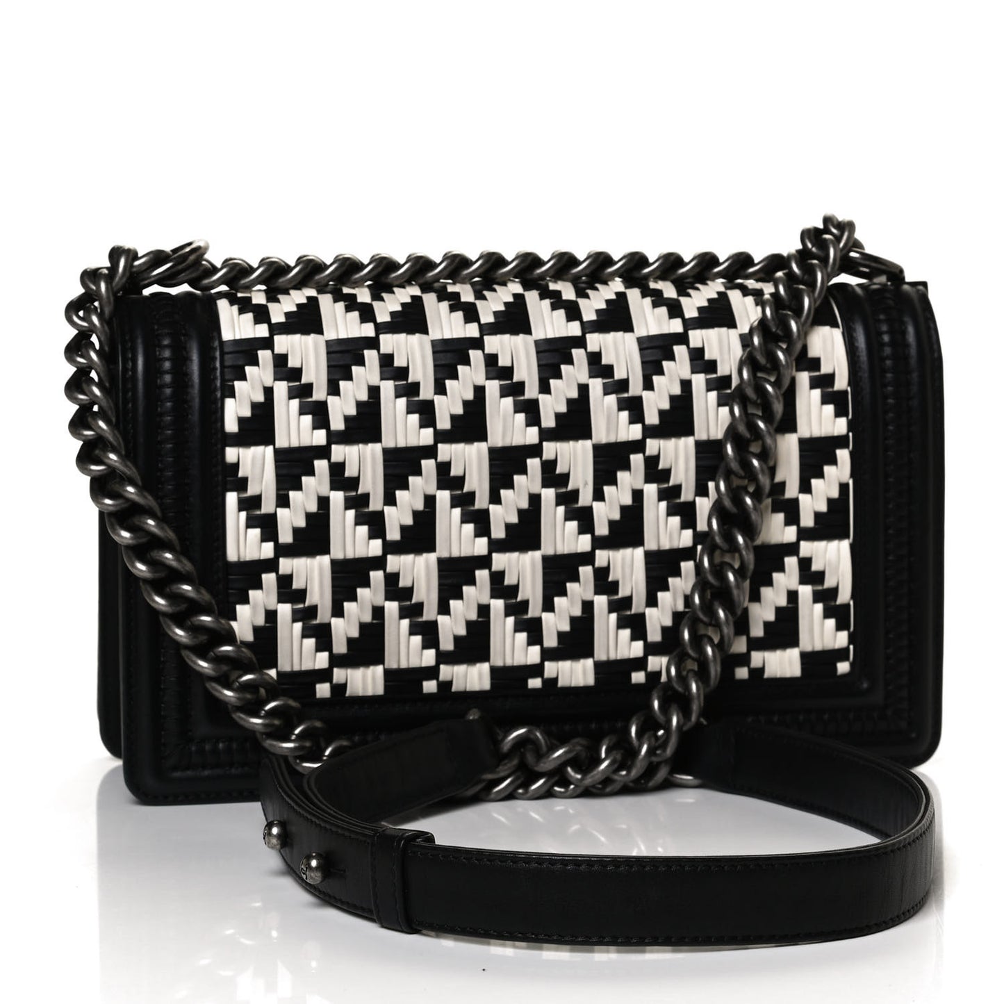 Calfskin Woven Medium Boy Flap Black White