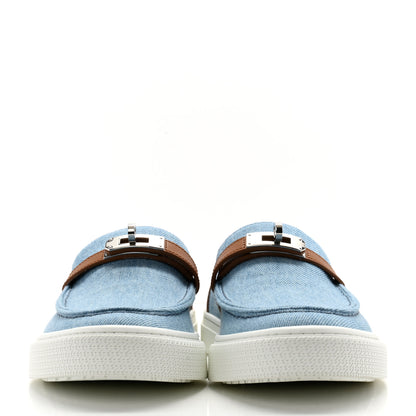 Hermes Denim Calfskin Womens Game Slip On Sneakers 39 Bleu Clair Gold 2 of 13