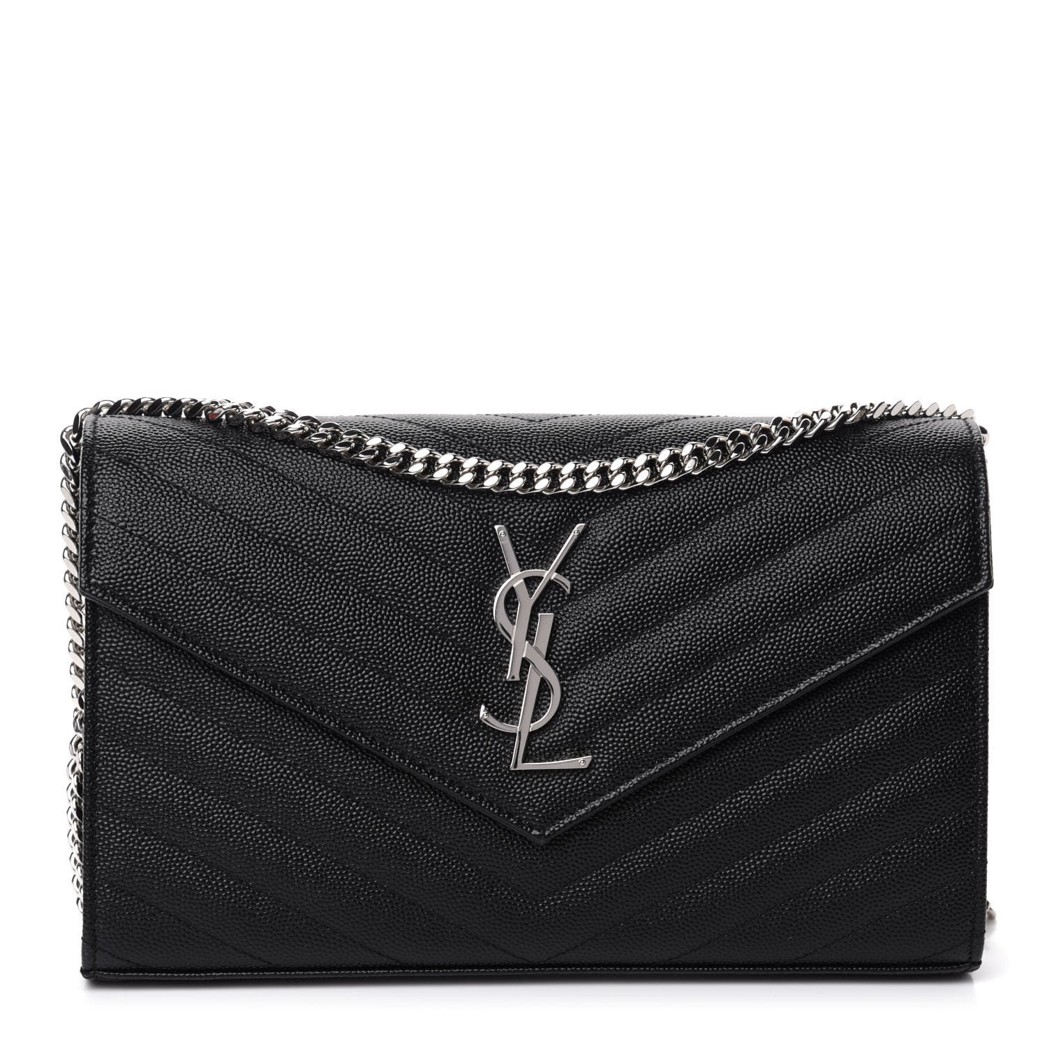 Saint Laurent Grain De Poudre Matelasse Chevron Monogram Chain Wallet Black 1 of 10