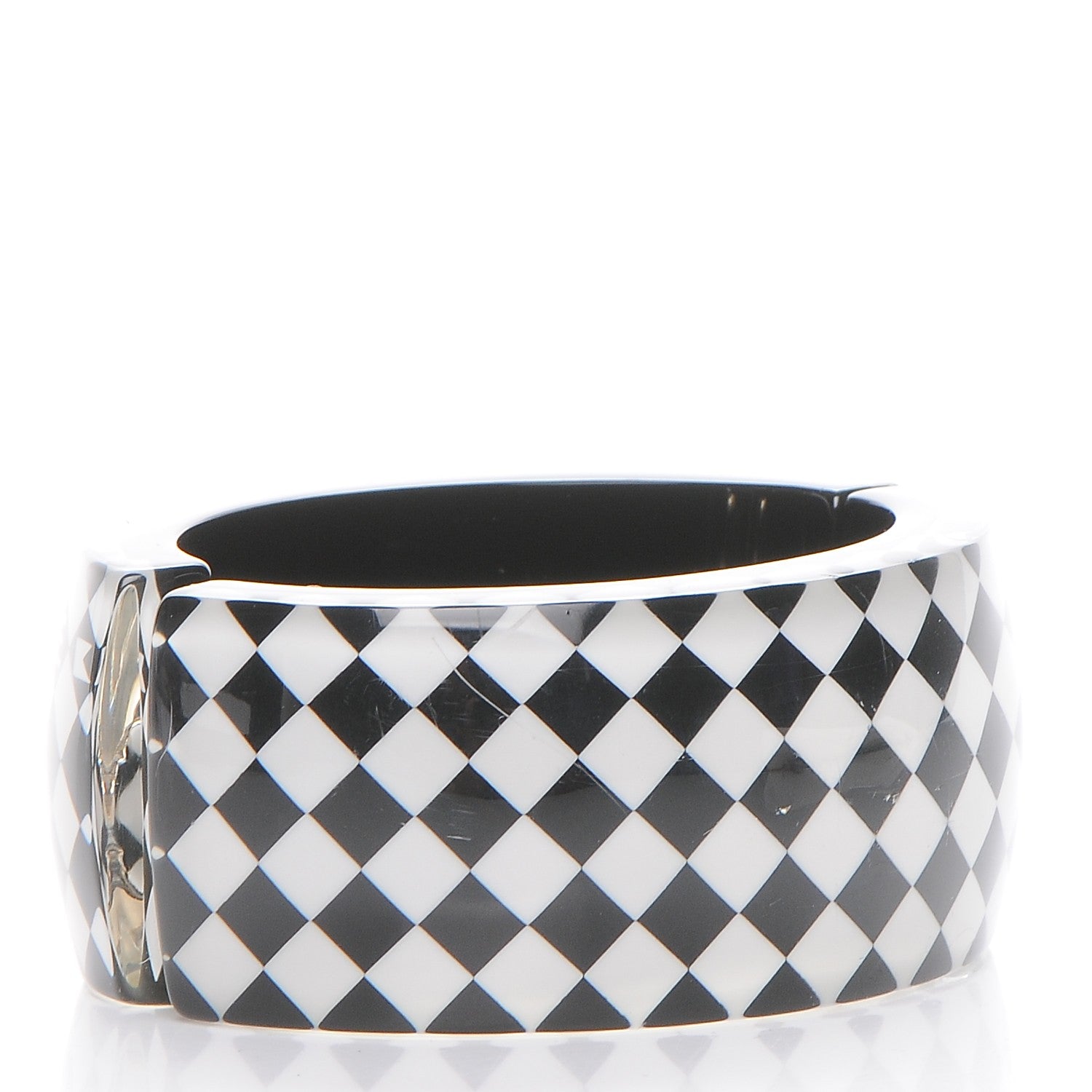 Chanel Resin Pearl Checkered CC Cuff Bangle Black 2 of 4