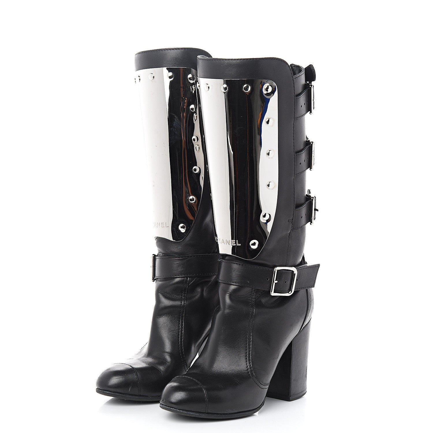 Chanel Calfskin Metal Plate Biker Boots 37 Black 3 of 8
