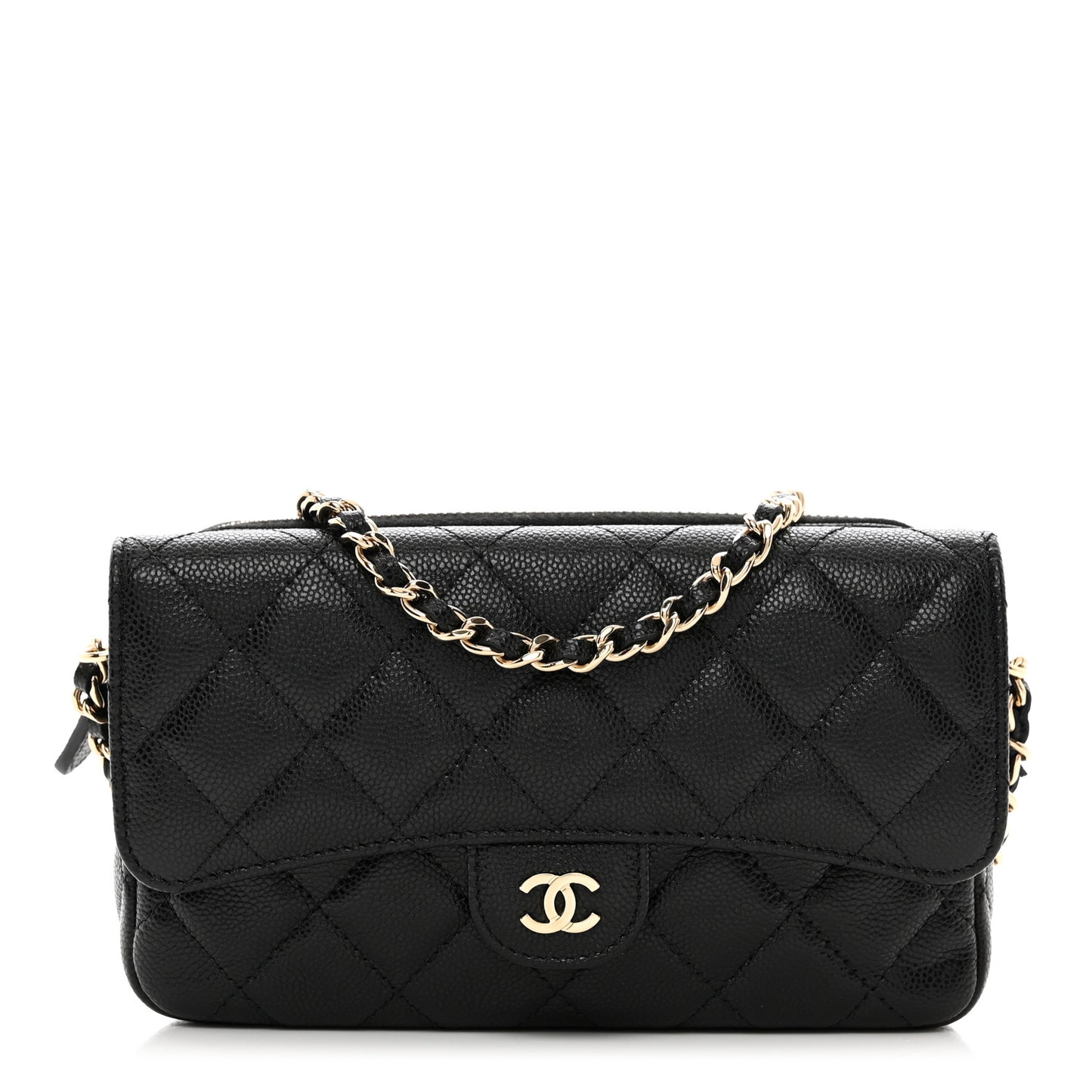 Caviar Quilted Flap Phone Holder With Chain Black