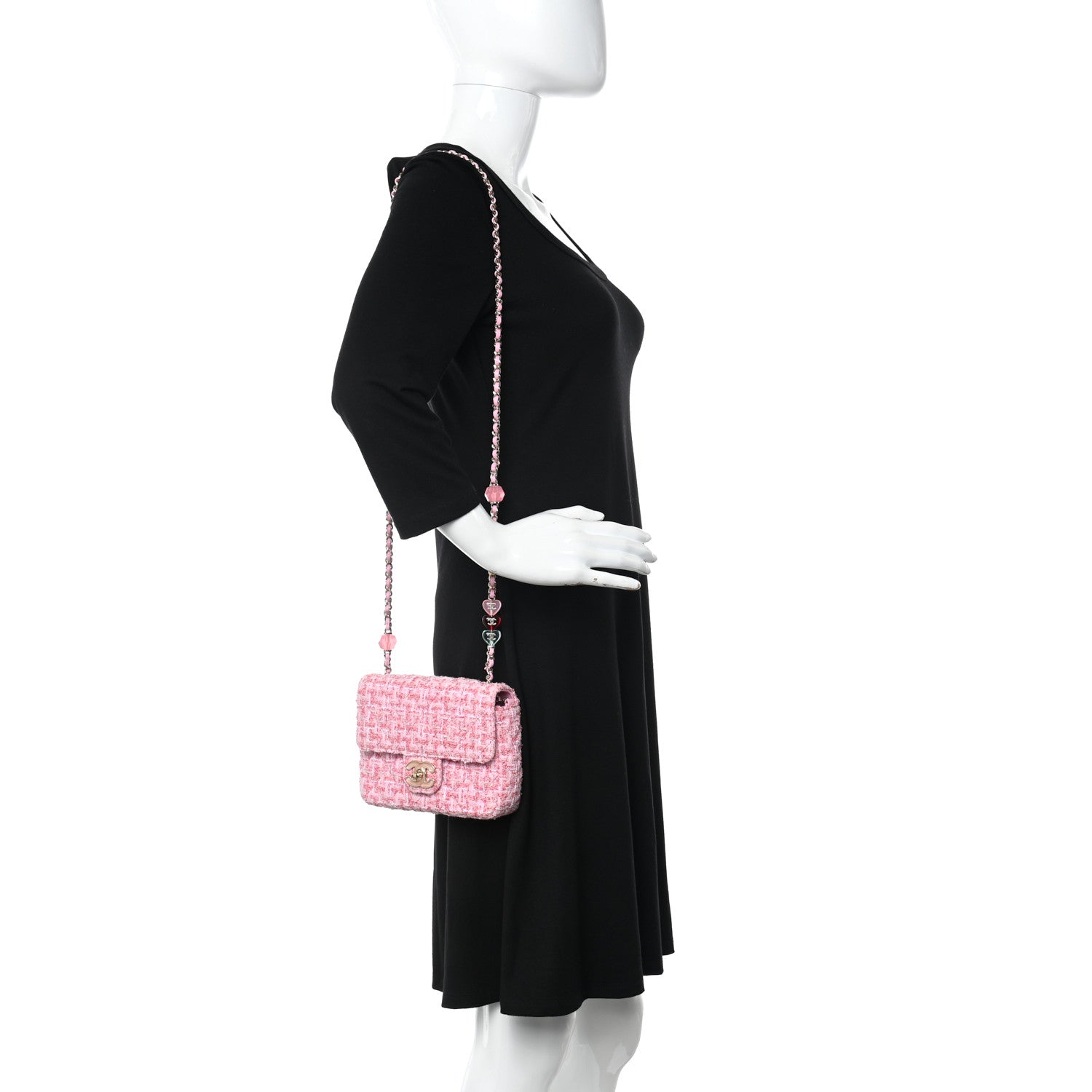 Chanel Tweed Resin Quilted Mini Heart Square Flap Pink White 2 of 11