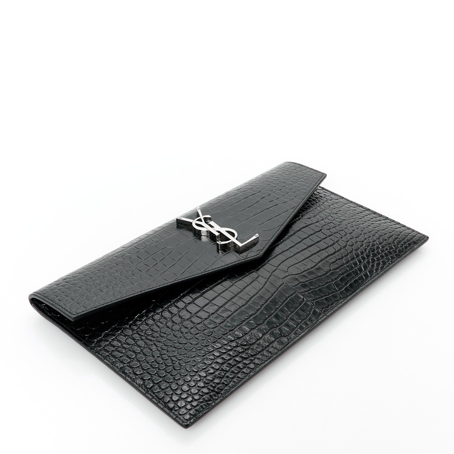 Saint Laurent Calfskin Crocodile Embossed Uptown Monogram Pouch Black 4 of 8
