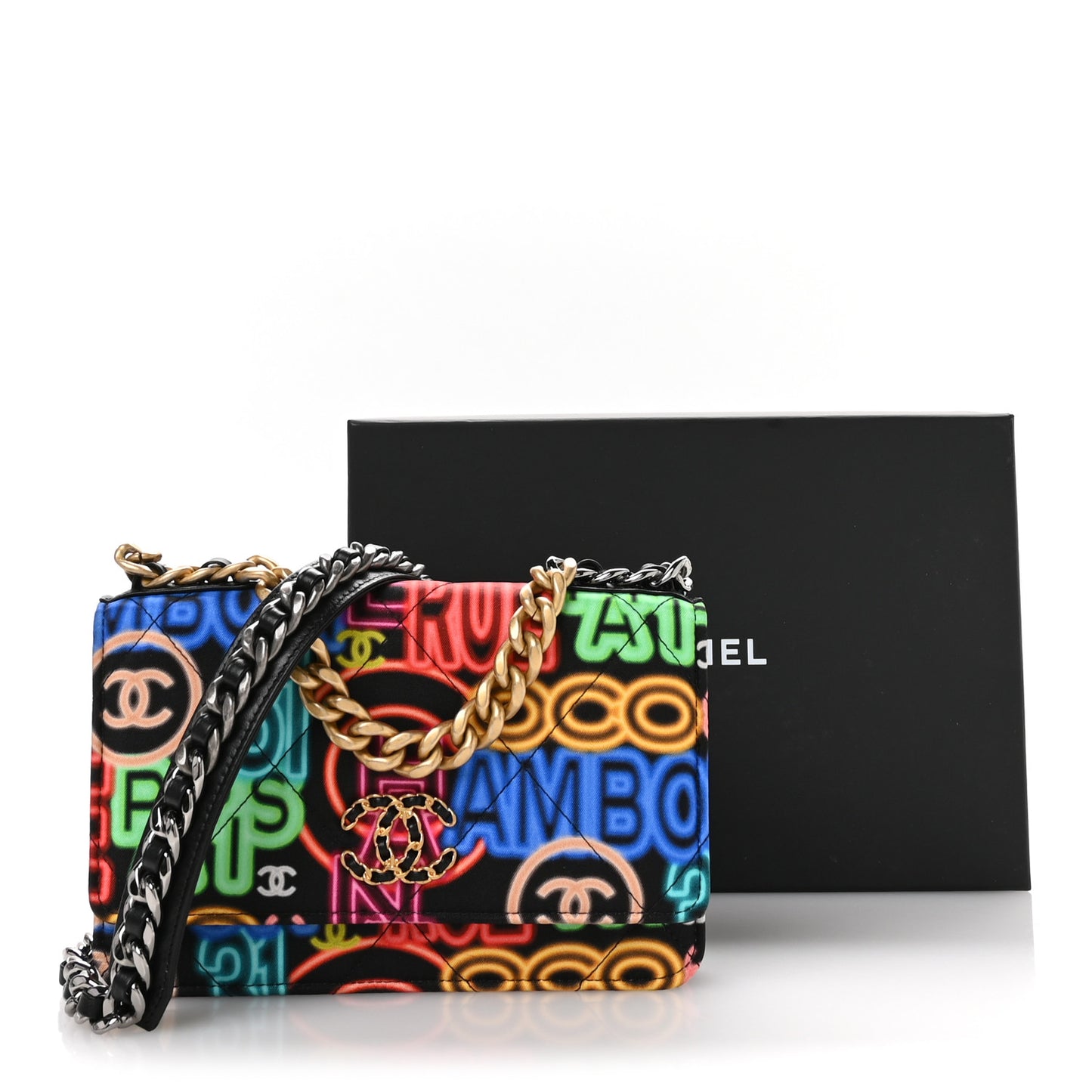 Fabric Printed Chanel 19 Wallet On Chain WOC Black Multicolor