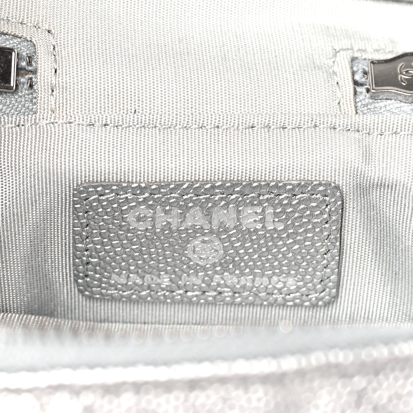 Metallic Caviar Quilted Mini Top Handle Vanity With Chain Silver