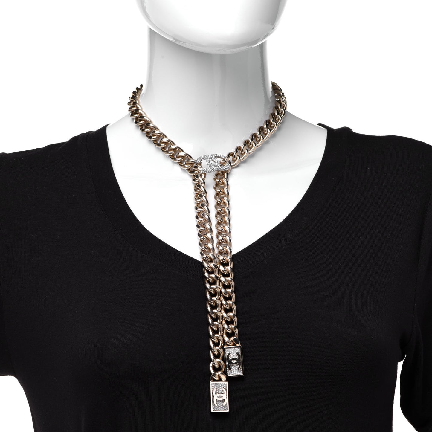 Chain Link Crystal CC Dog Tag Charm Necklace Gold