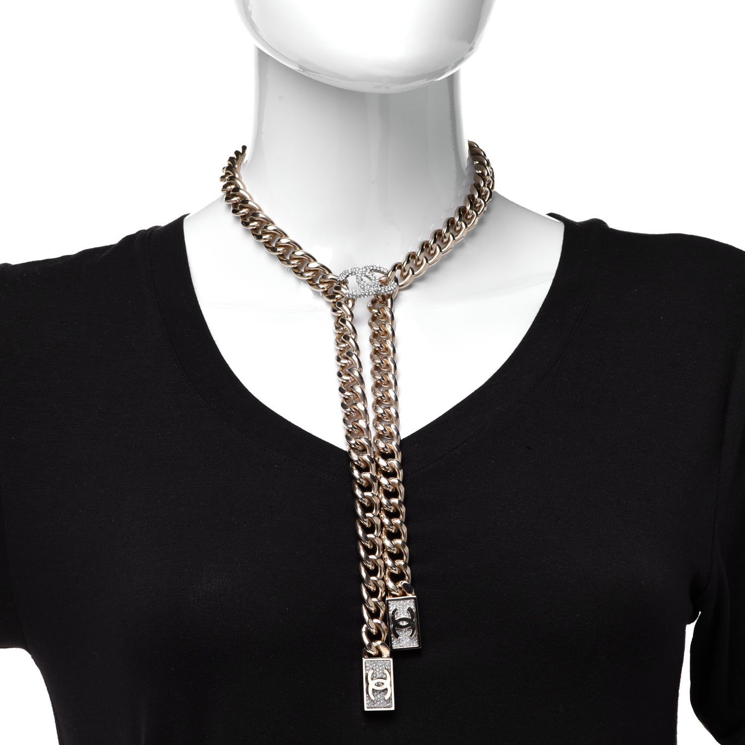 Chanel Chain Link Crystal CC Dog Tag Charm Necklace Gold 2 of 7