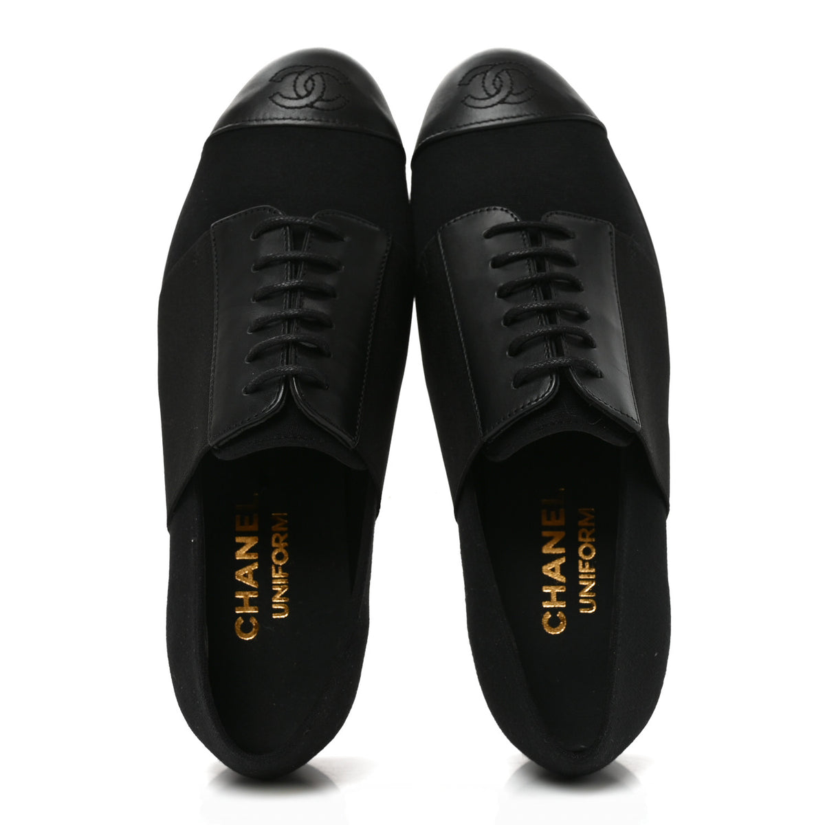 Calfskin Elastic Lace Up Cap Toe CC Loafers 35.5 Black