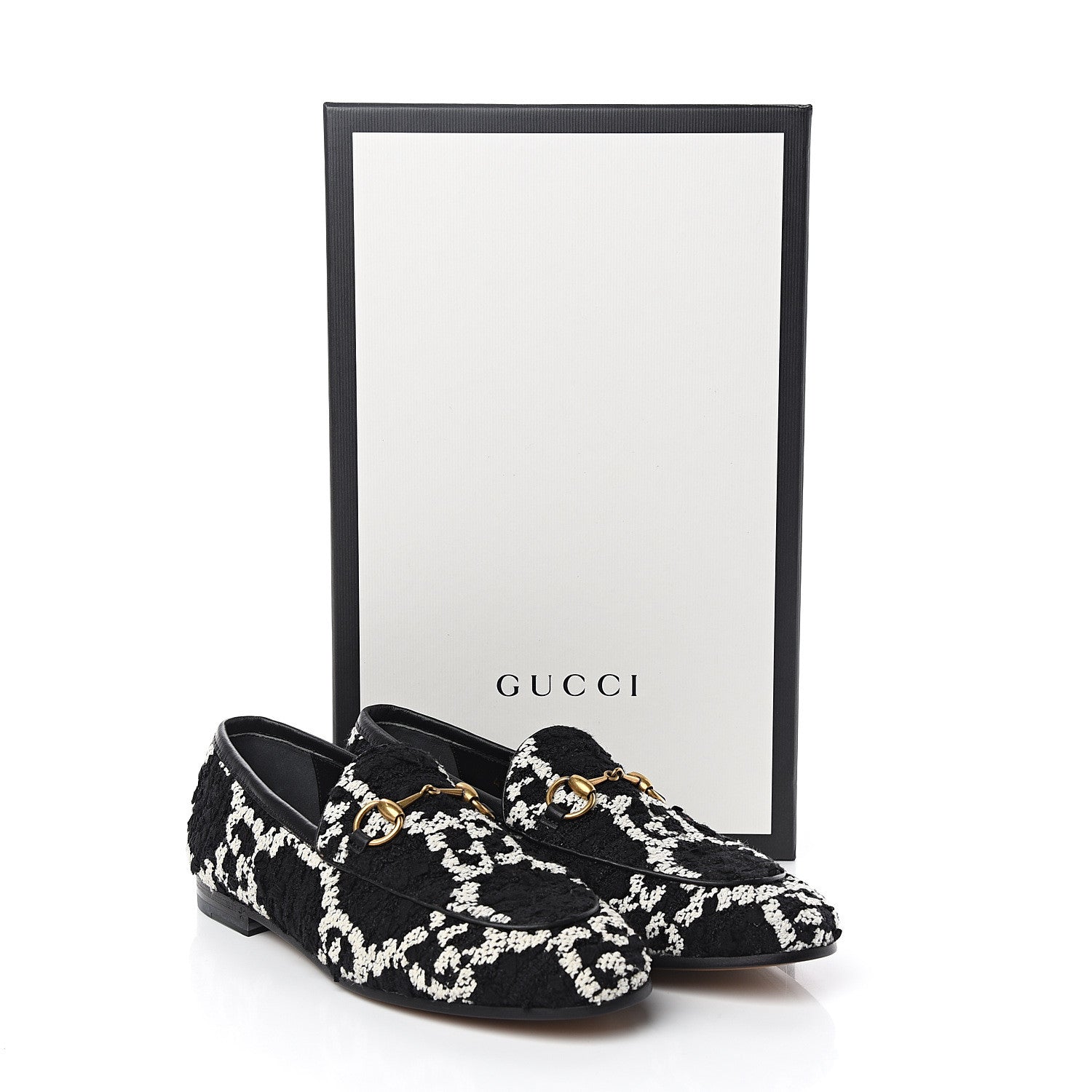 Gucci Tweed GG Monogram Horsebit Womens Jordaan Loafers 35 Black Natural 9 of 9