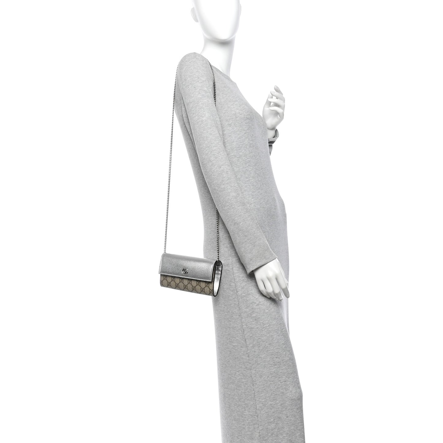 Metallic Calfskin GG Supreme Monogram Petite GG Marmont Wallet Chain Bag Silver Beige Ebony