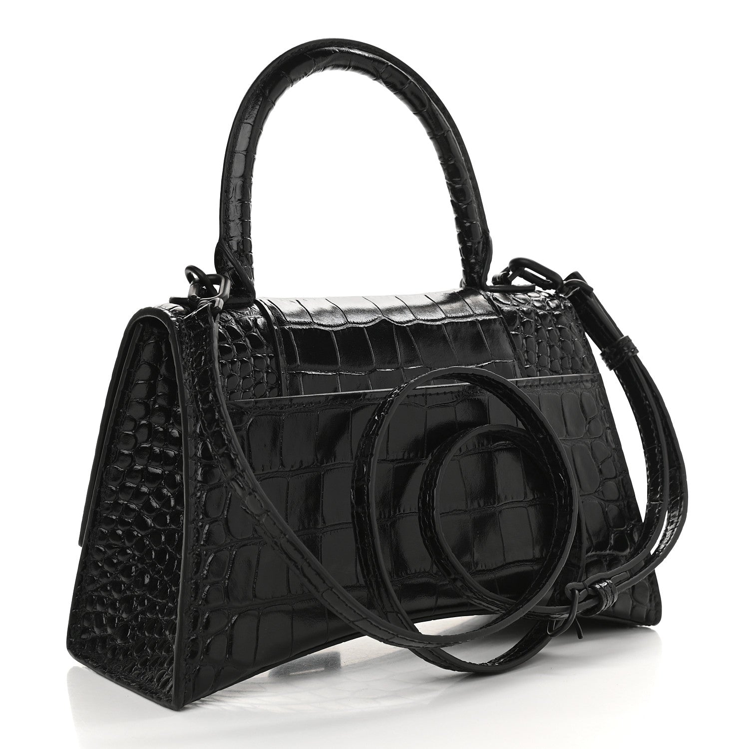 Balenciaga Shiny Calfskin Monochrome Crocodile Embossed Small Hourglass Top Handle Bag Black 3 of 8