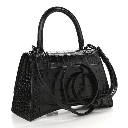 Balenciaga Shiny Calfskin Monochrome Crocodile Embossed Small Hourglass Top Handle Bag Black 3 of 8