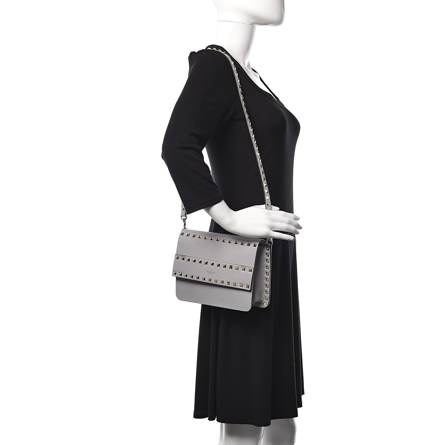 Pebbled Calfskin Rockstud Side Slip Crossbody Pastel Grey