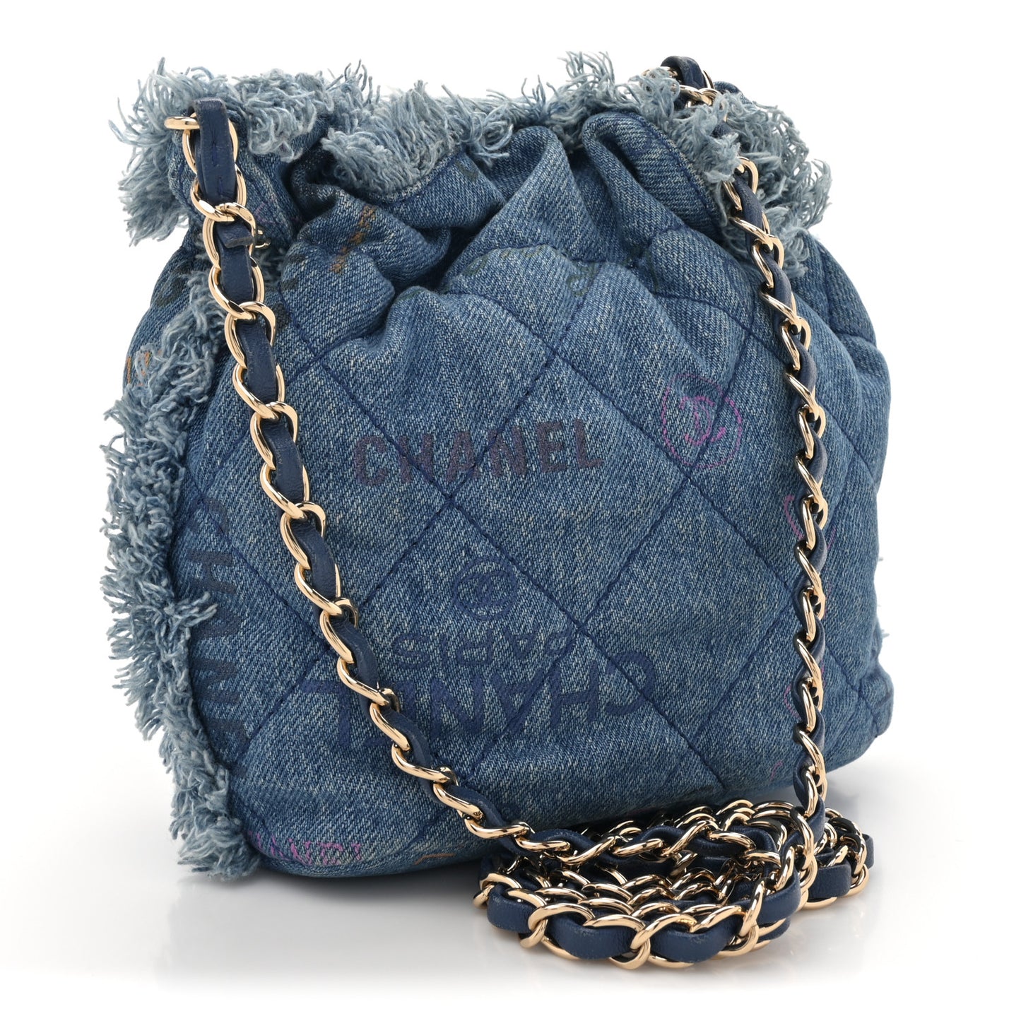 Denim Quilted Small Mood Bucket With Chain Blue Multicolor