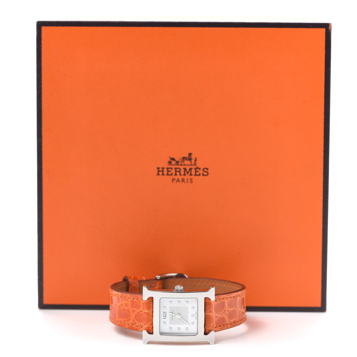 Stainless Steel Alligator Diamond Mother of Pearl 21mm Heure H Hour Quartz Watch Orange
