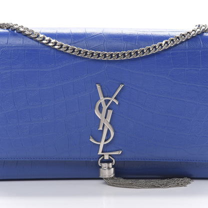 Saint Laurent Calfskin Crocodile Embossed Medium Classic Monogram Kate Tassel Satchel Bleu Majorelle 8 of 12