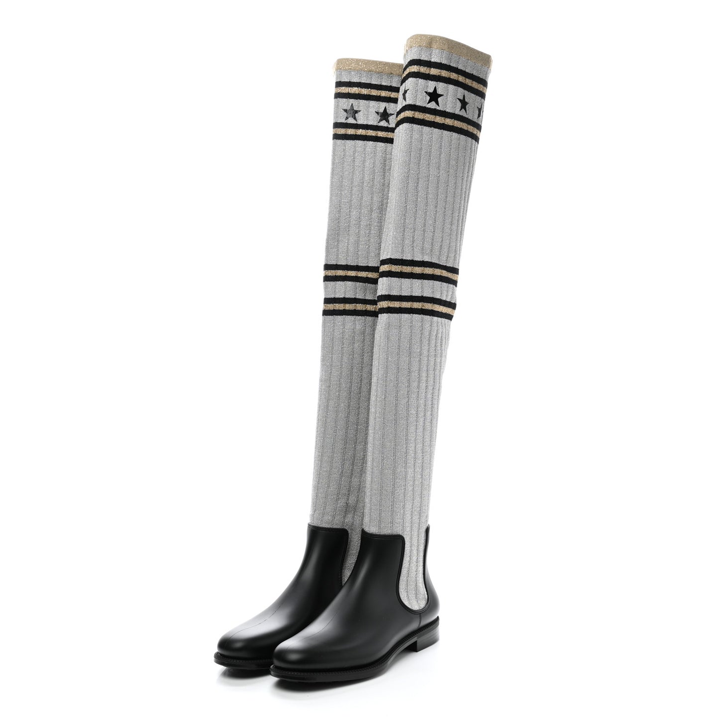 Knit Rubber Storm Over The Knee Boots 39 Silver Gold