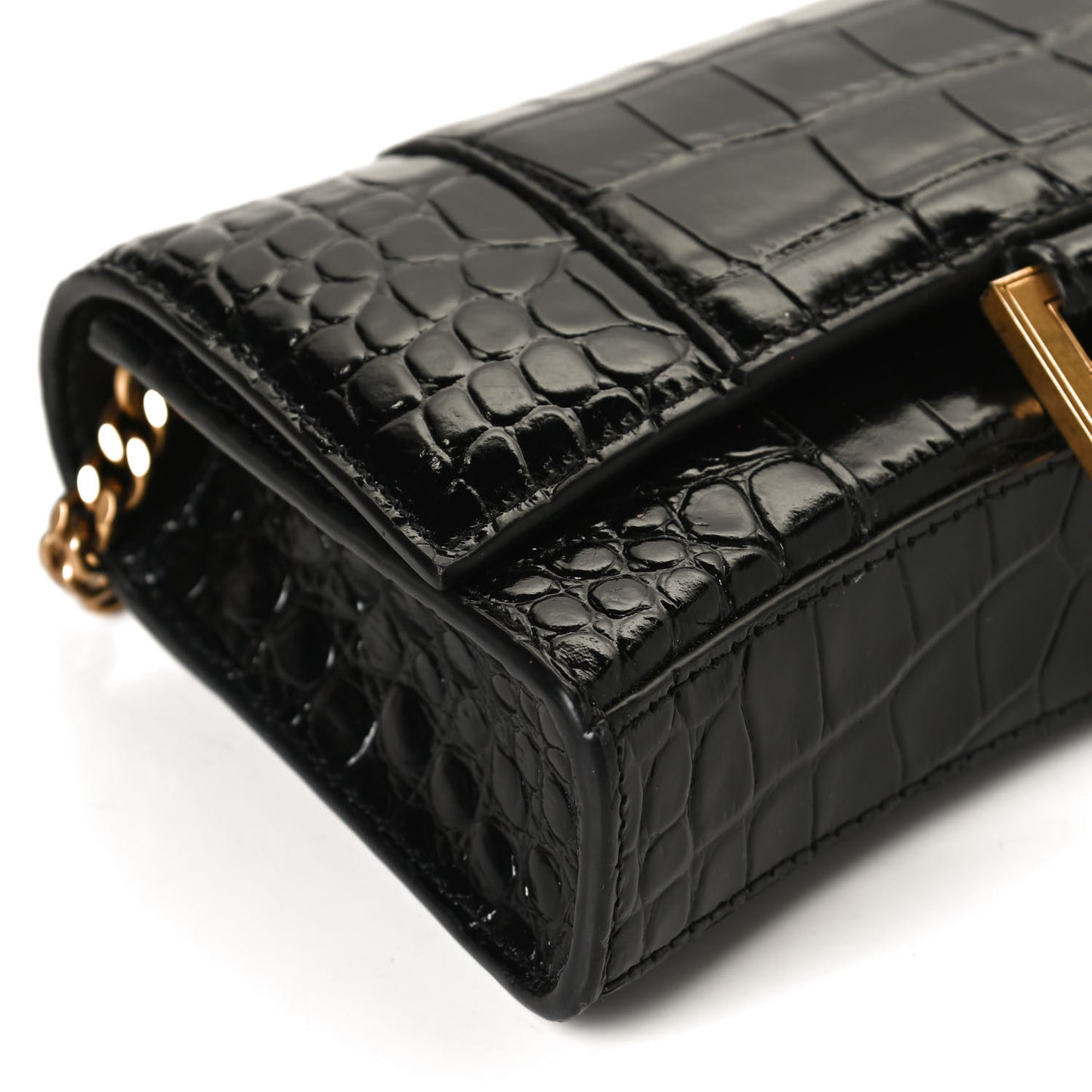 Shiny Calfskin Crocodile Embossed Hourglass Chain Bag Black