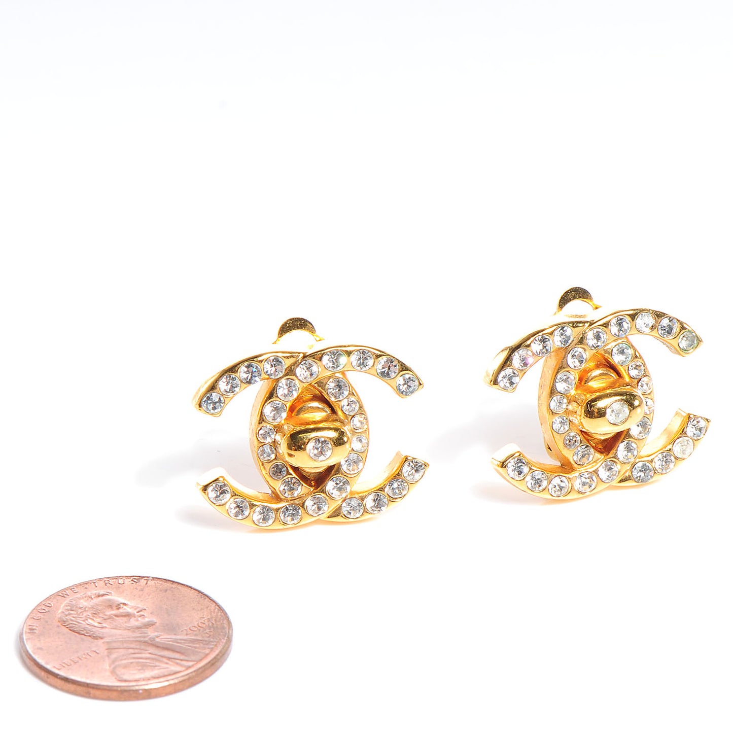 Crystal CC Turnlock Clip On Earrings Gold