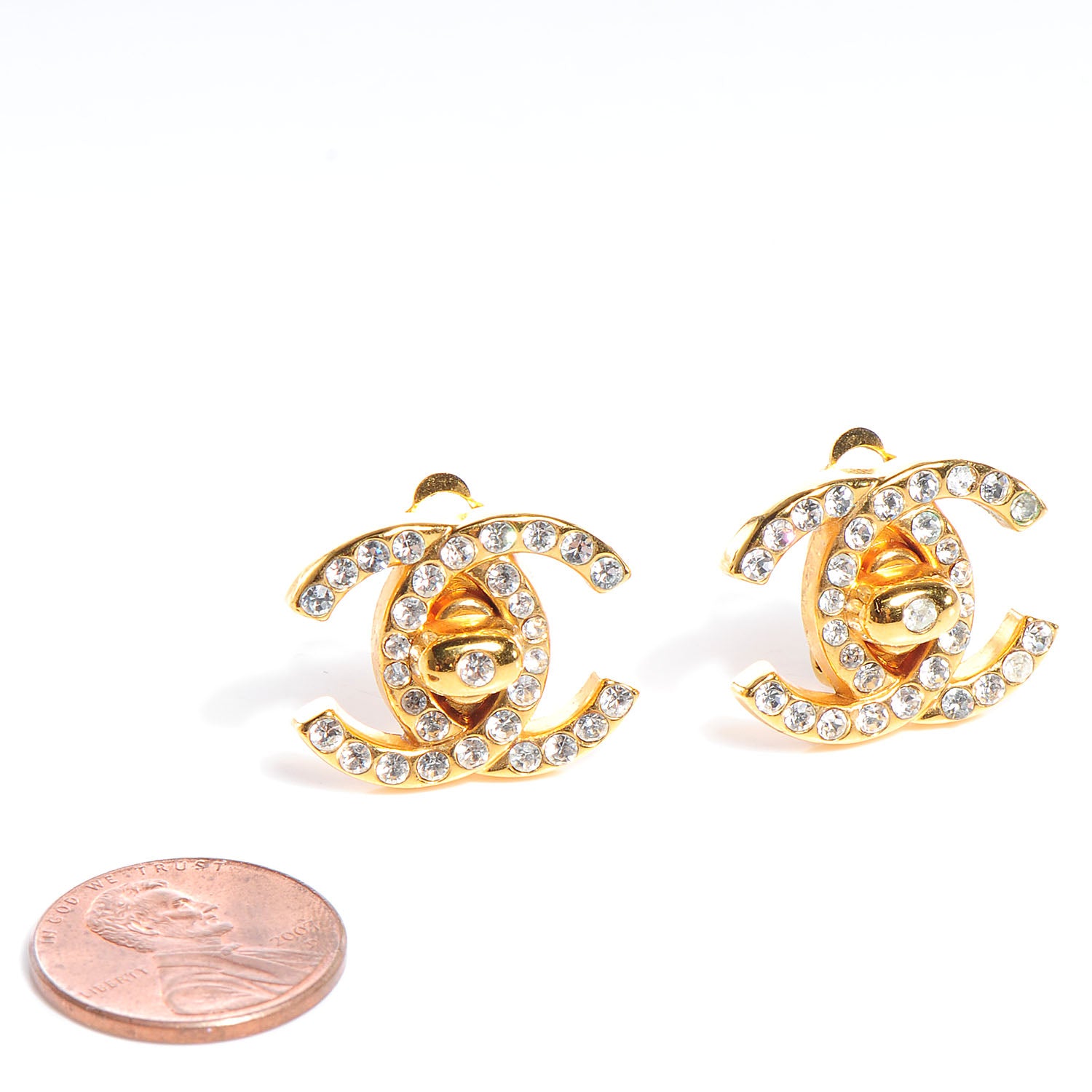 Chanel Crystal CC Turnlock Clip On Earrings Gold 2 of 8