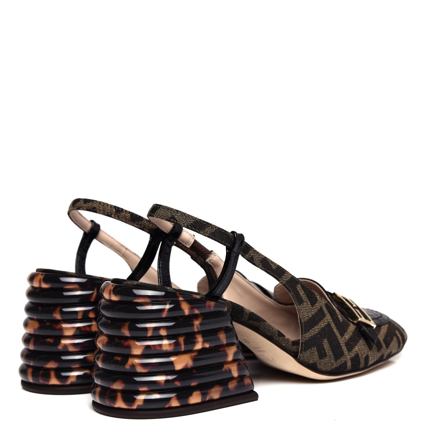 Fendi Jacquard Calfskin FF Tortoise Promenade Slingback Loafer Pumps 37.5 Tobacco 4 of 11