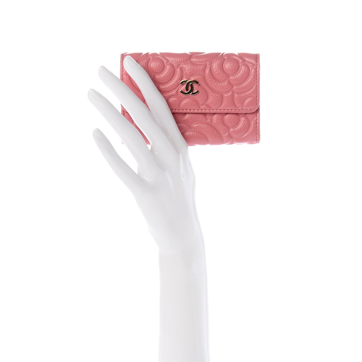 Caviar Camellia Embossed Card Holder Wallet Pink