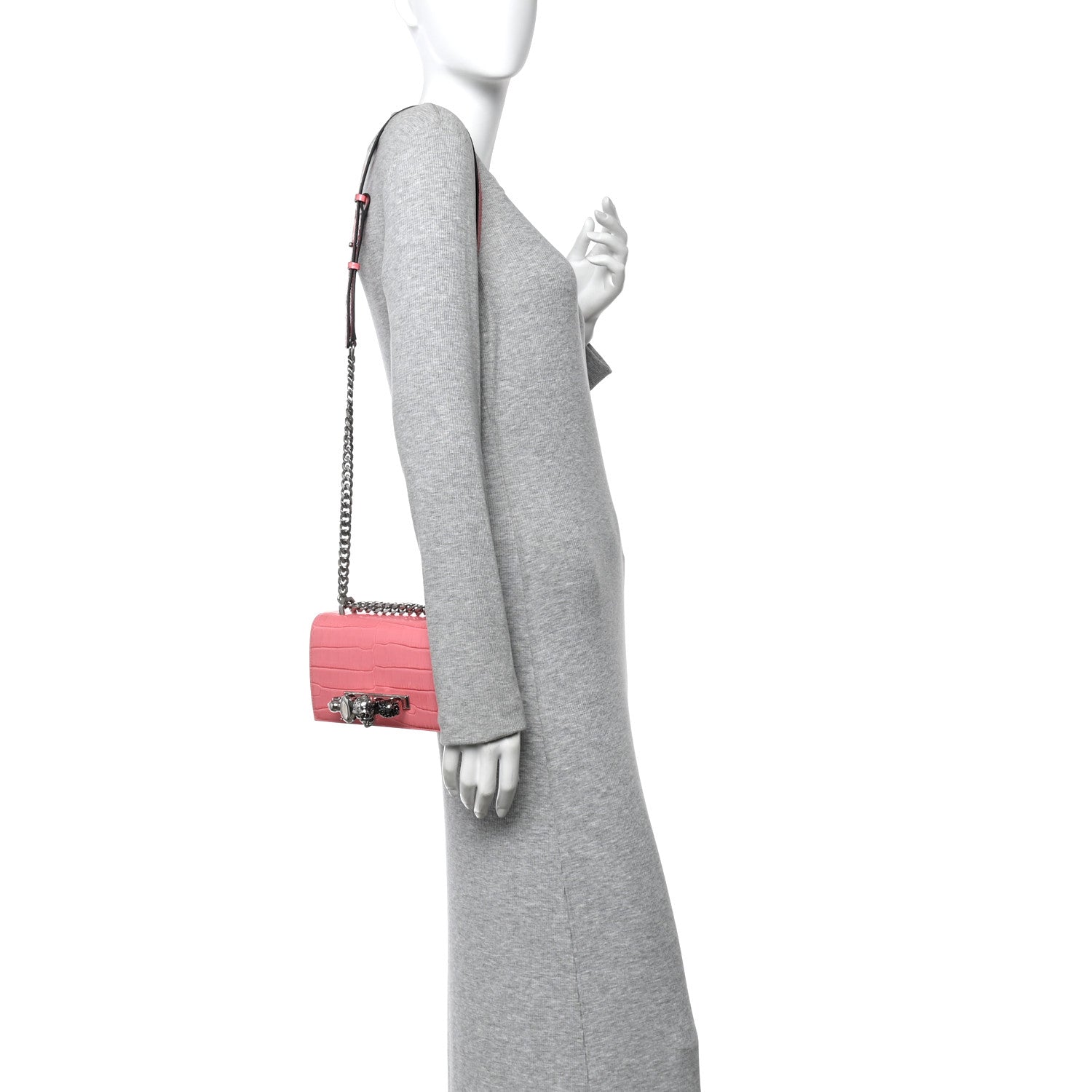 Alexander McQueen Calfskin Crocodile Embossed Mini Jeweled Knuckle Satchel Pink 2 of 10