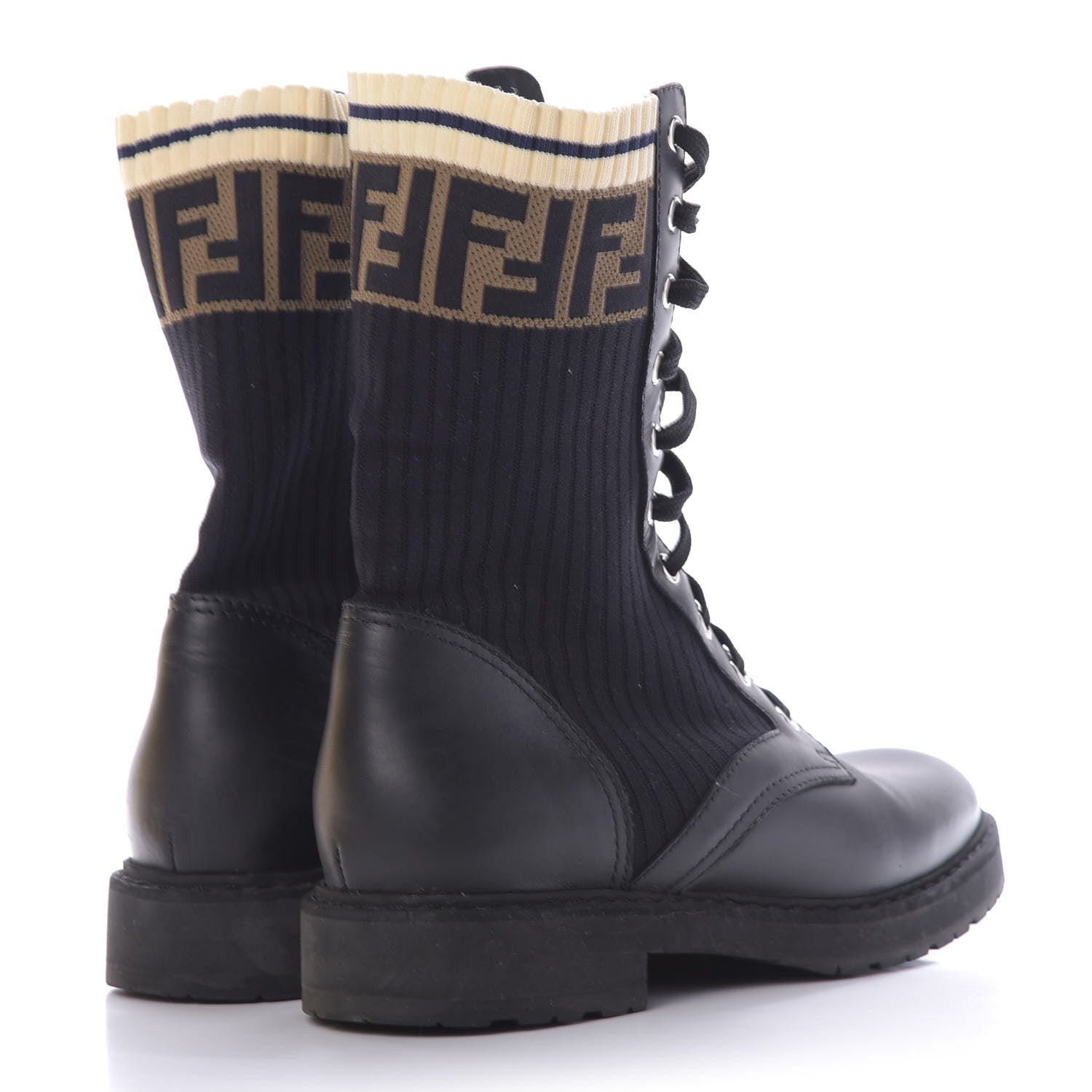 Fendi Calfskin Stretch Fabric Rockoko Biker Boots 39 Tobacco Black Marino 4 of 9