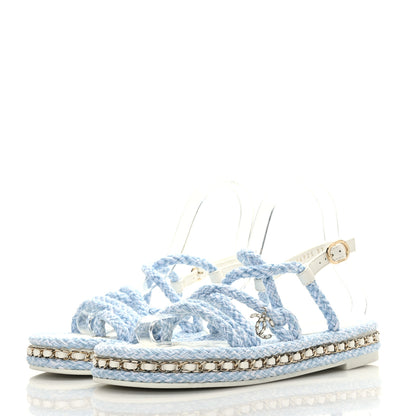 Chanel Lambskin Cord Chain CC Sandals 37 Blue White 3 of 8