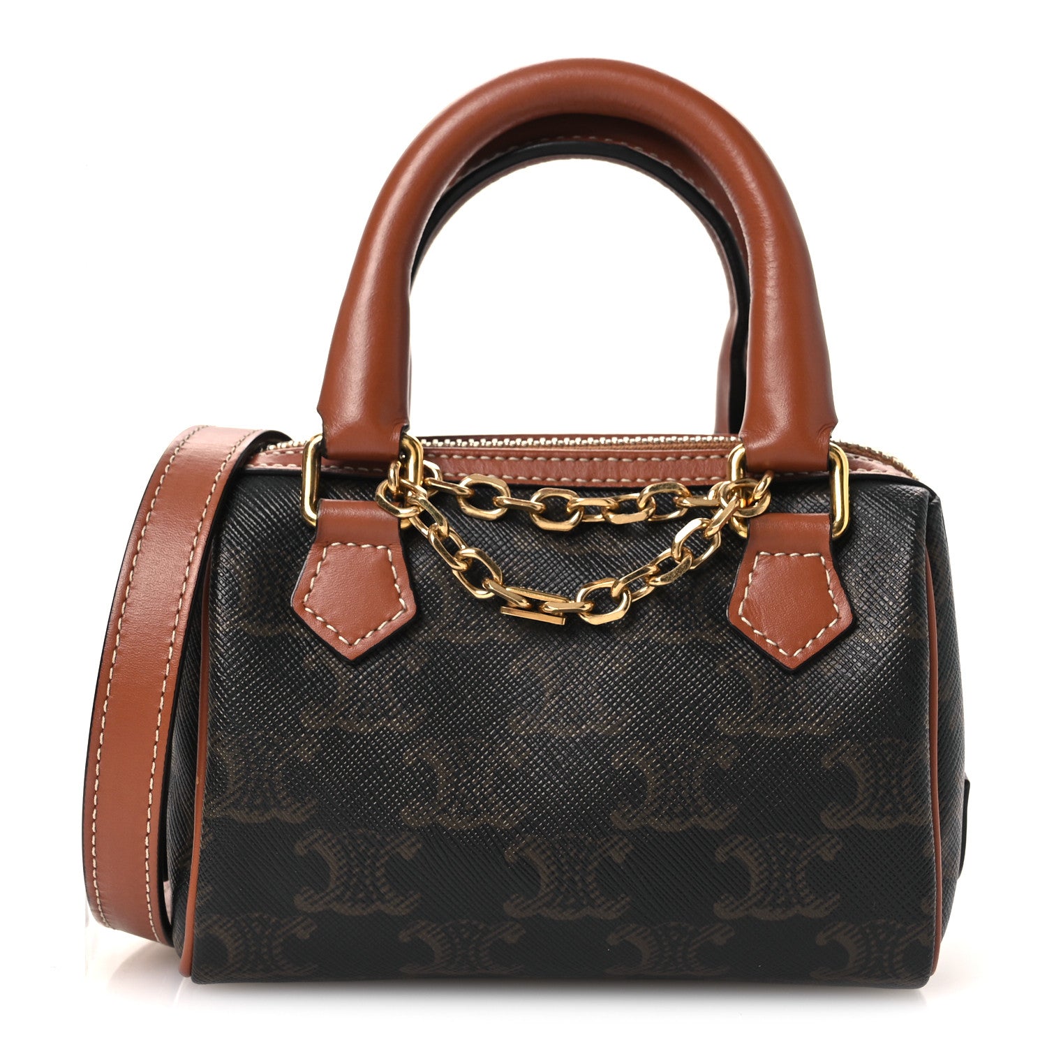 Celine Triomphe Canvas Calfskin Mini Boston Bag Tan 1 of 11