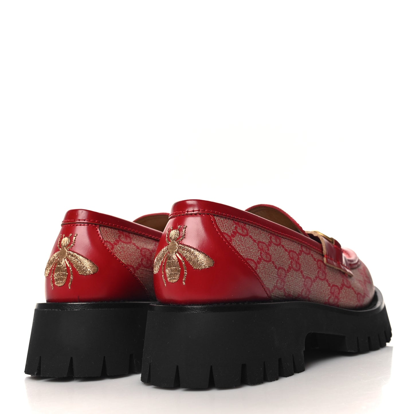 GG Supreme Monogram Cordovan Lux Womens Harald Horsebit 25mm Platform Loafers 37.5 Beige Hibiscus Red