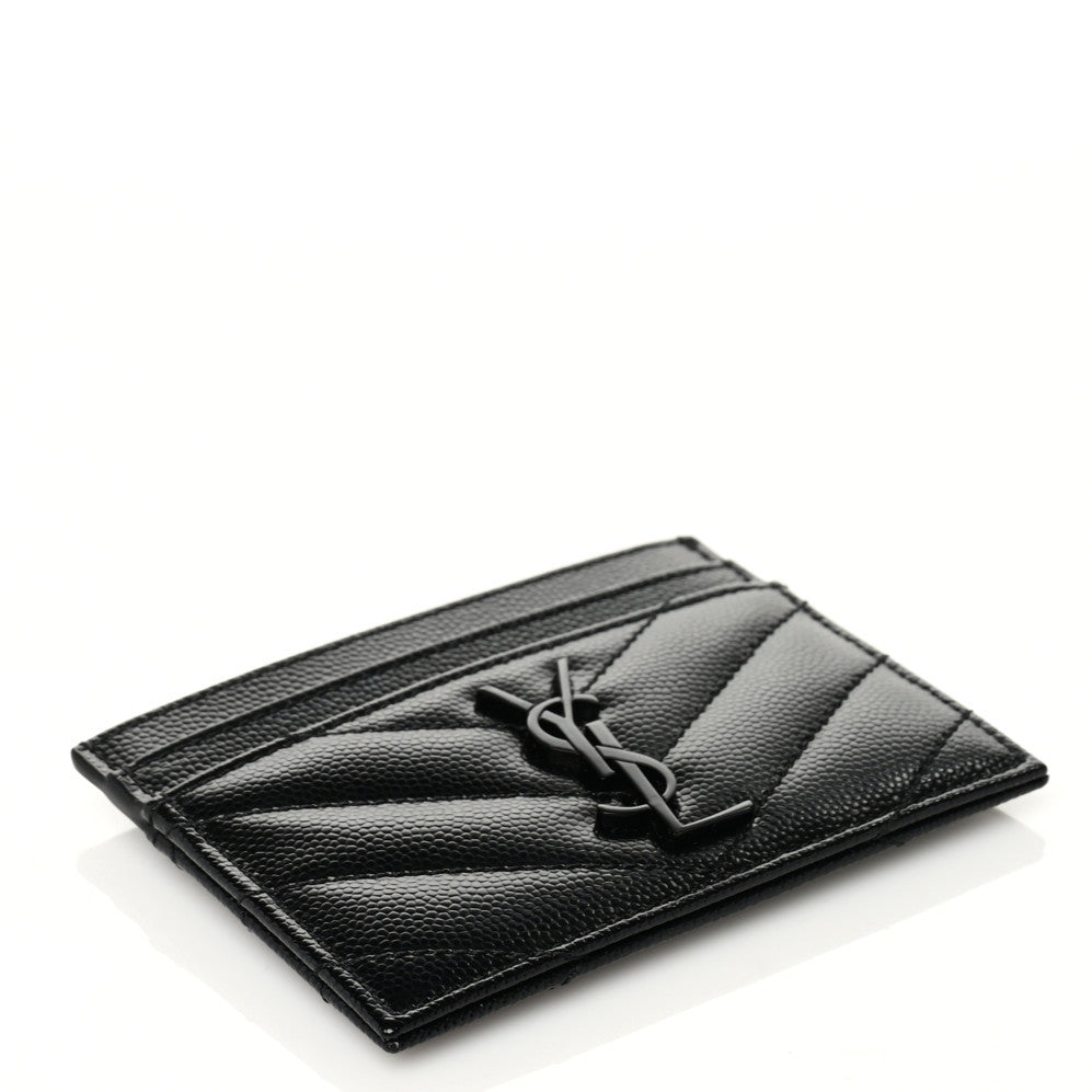 Saint Laurent Grain De Poudre Matelasse Chevron Monochrome Monogram Credit Card Case Black 4 of 7