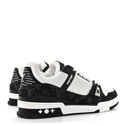 Louis Vuitton Calfskin Embossed Monogram Denim Mens LV Trainer Sneakers 12 Black 6 of 17