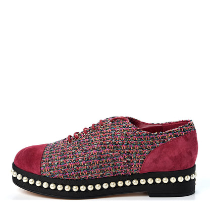 Chanel Tweed Calfskin Pearl Lace Up Sneakers 38.5 Fuchsia Orange Green Red 1 of 9