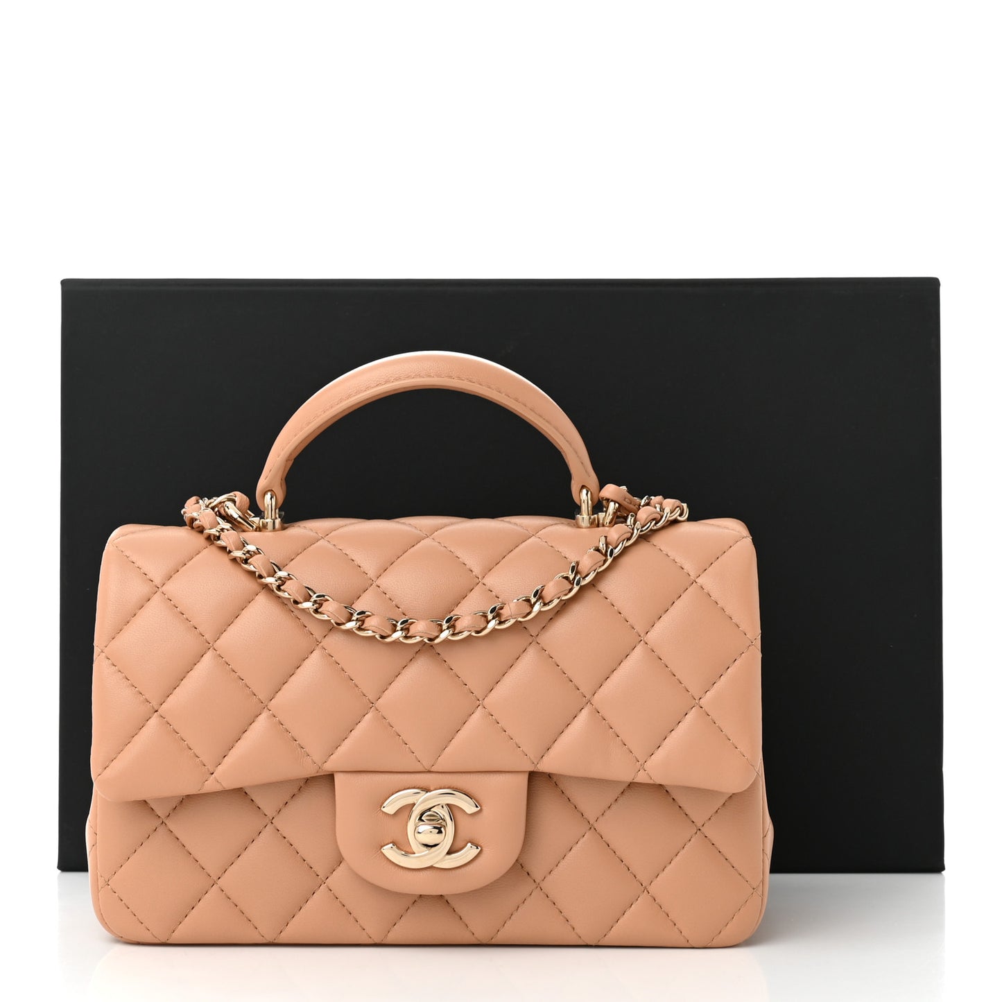 Lambskin Quilted Mini Top Handle Rectangular Flap Beige