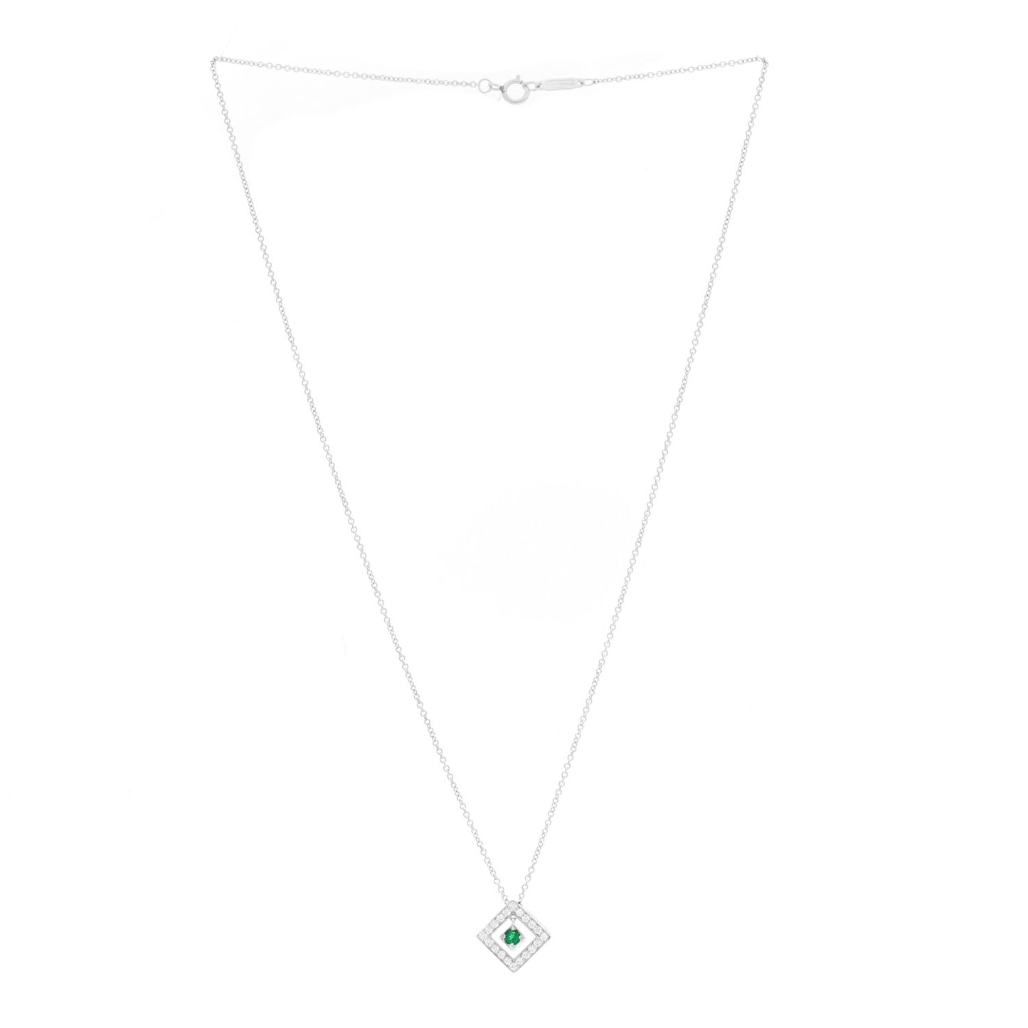 Platinum Diamond Emerald Square Pendant Necklace
