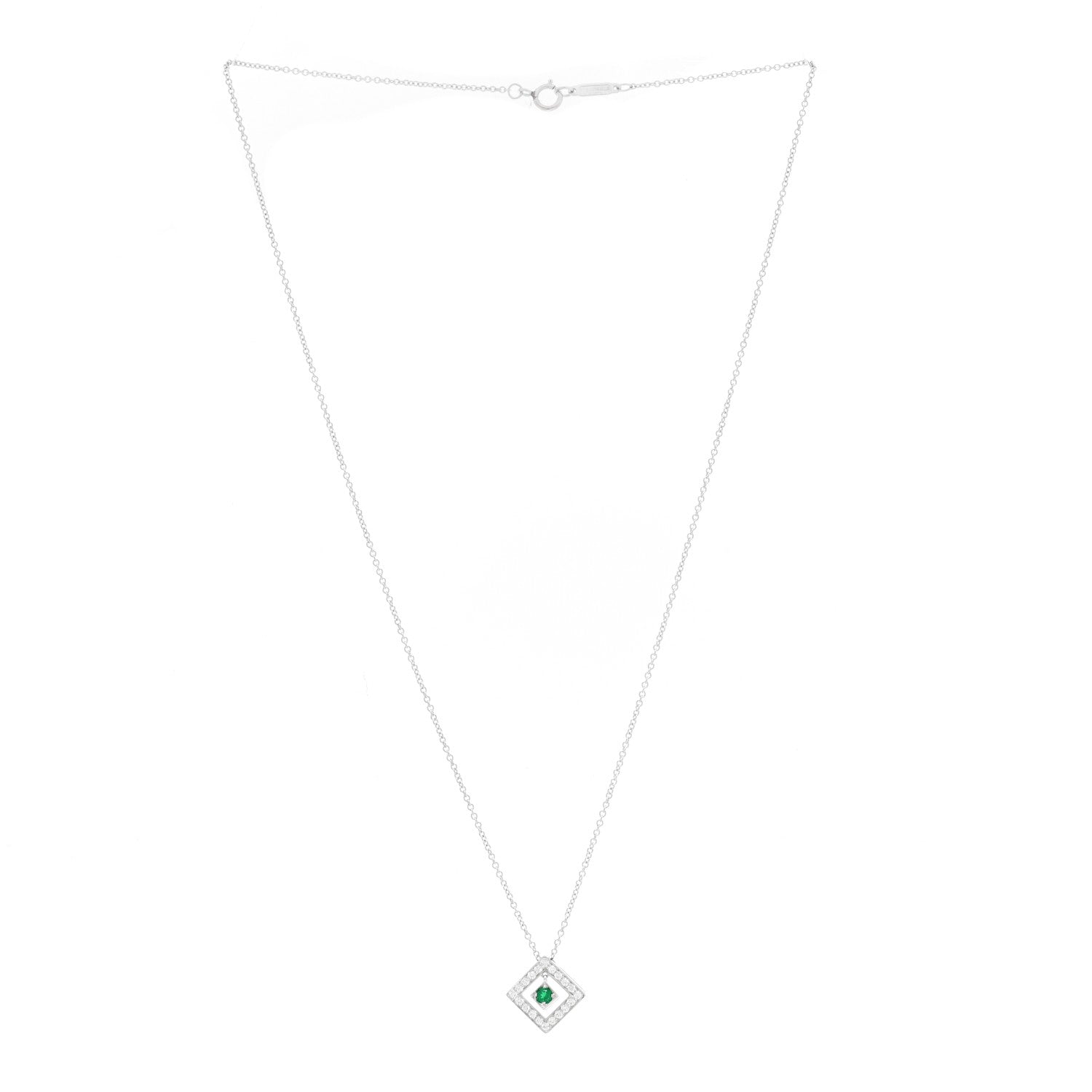 Tiffany Platinum Diamond Emerald Square Pendant Necklace 2 of 3