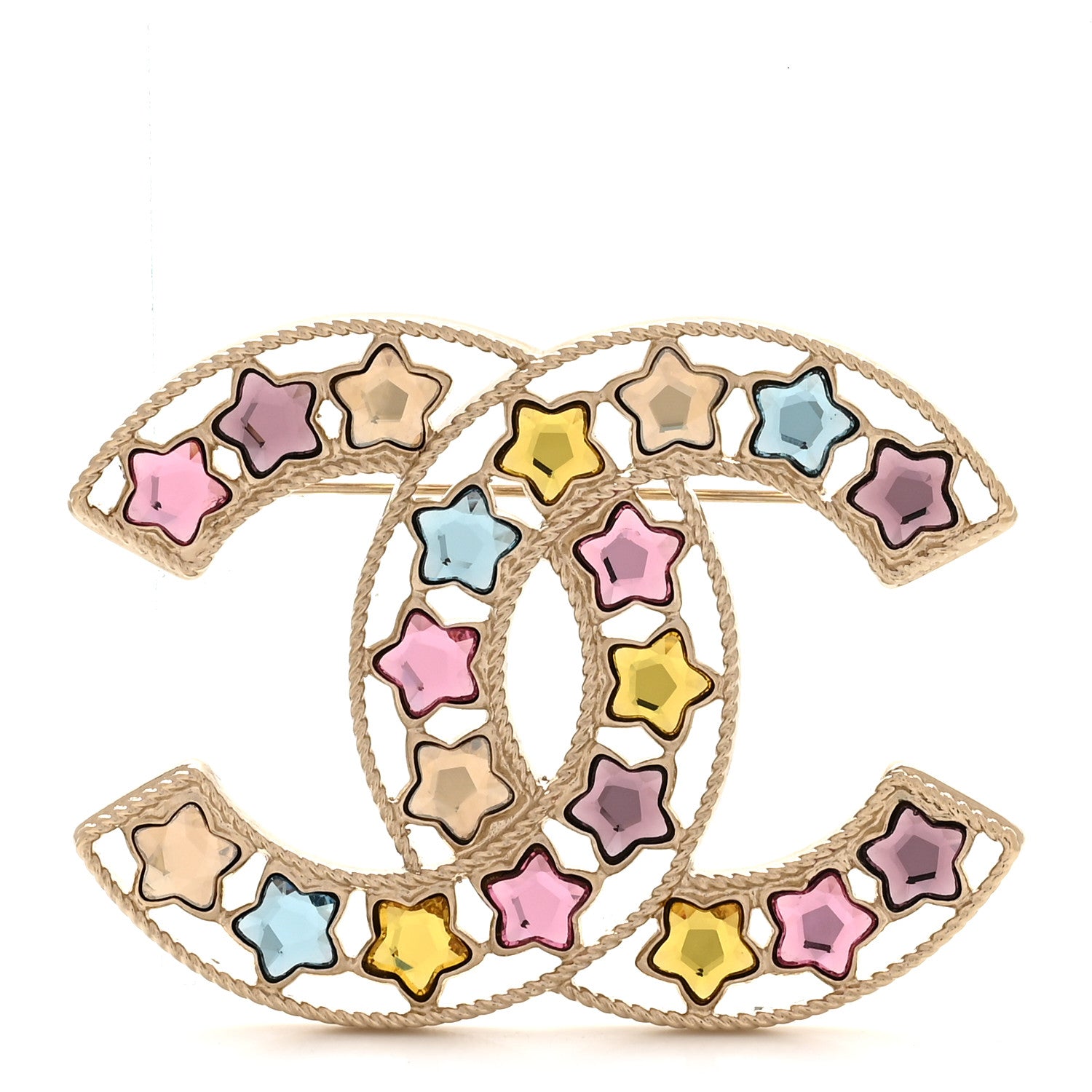 Chanel Metal Crystal CC Stars Brooch Gold Multicolor 1873776
