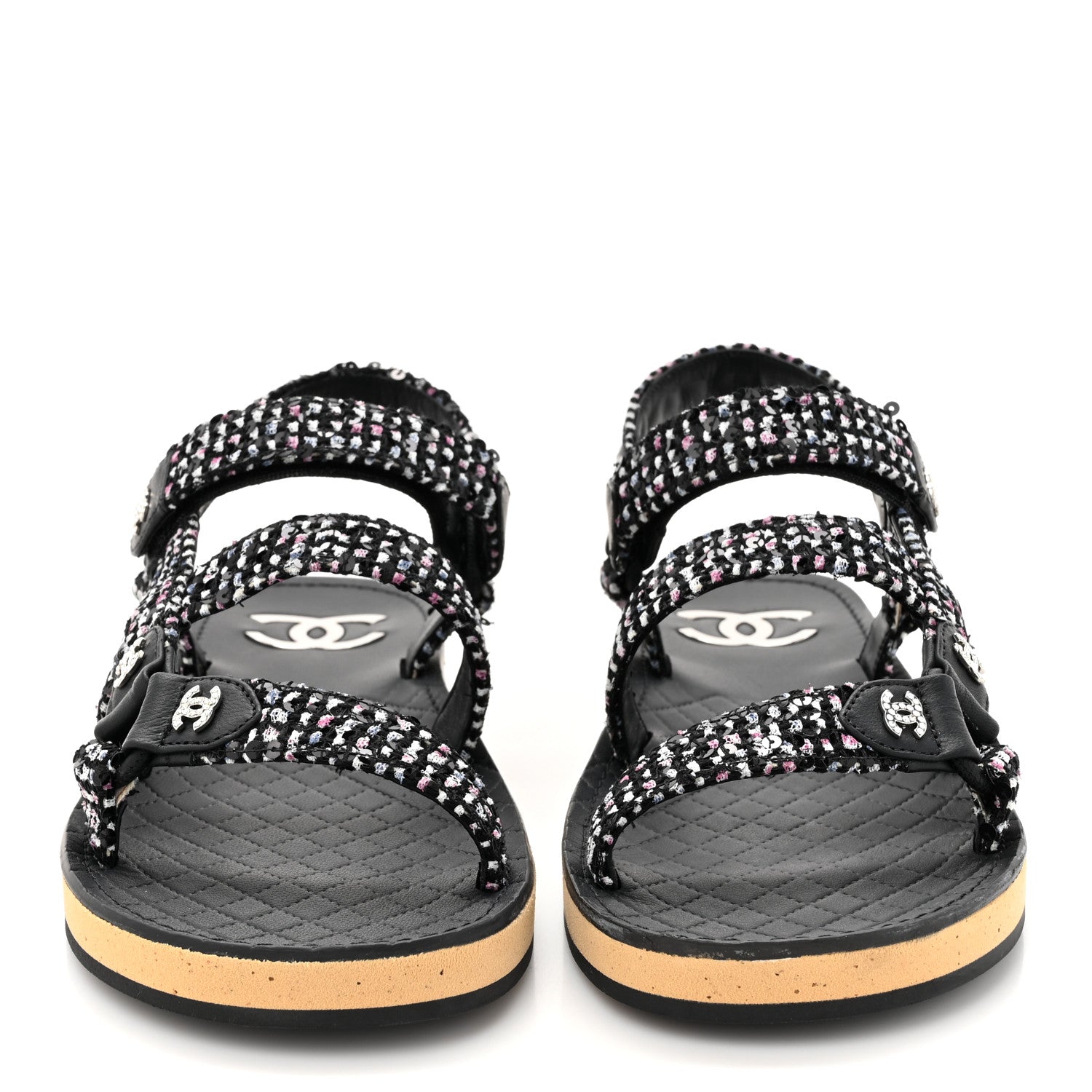 Chanel Glittered Tweed Lambskin Dad Sandals 39.5 Black White 2 of 9