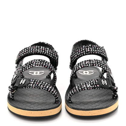Chanel Glittered Tweed Lambskin Dad Sandals 39.5 Black White 2 of 9