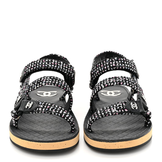 Glittered Tweed Lambskin Dad Sandals 39.5 Black White