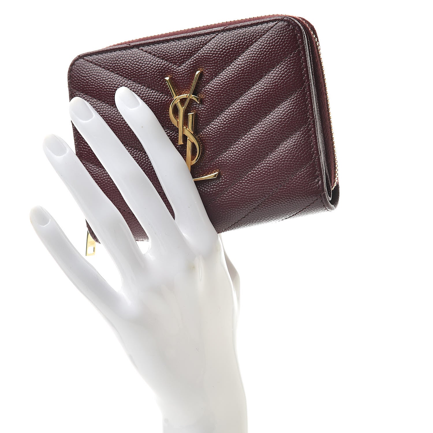 Saint Laurent Grain De Poudre Matelasse Chevron Monogram Compact Zip Around Wallet Rouge Legion 2 of 9