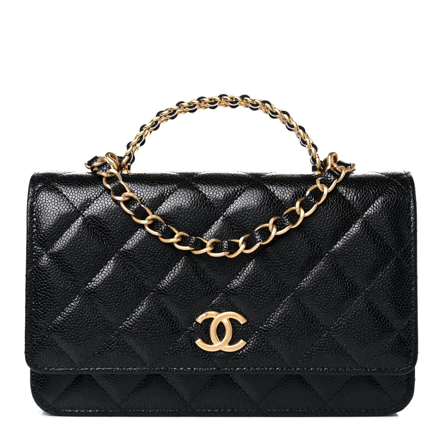 Shiny Caviar Quilted Pick Me Up Wallet On Chain WOC Black