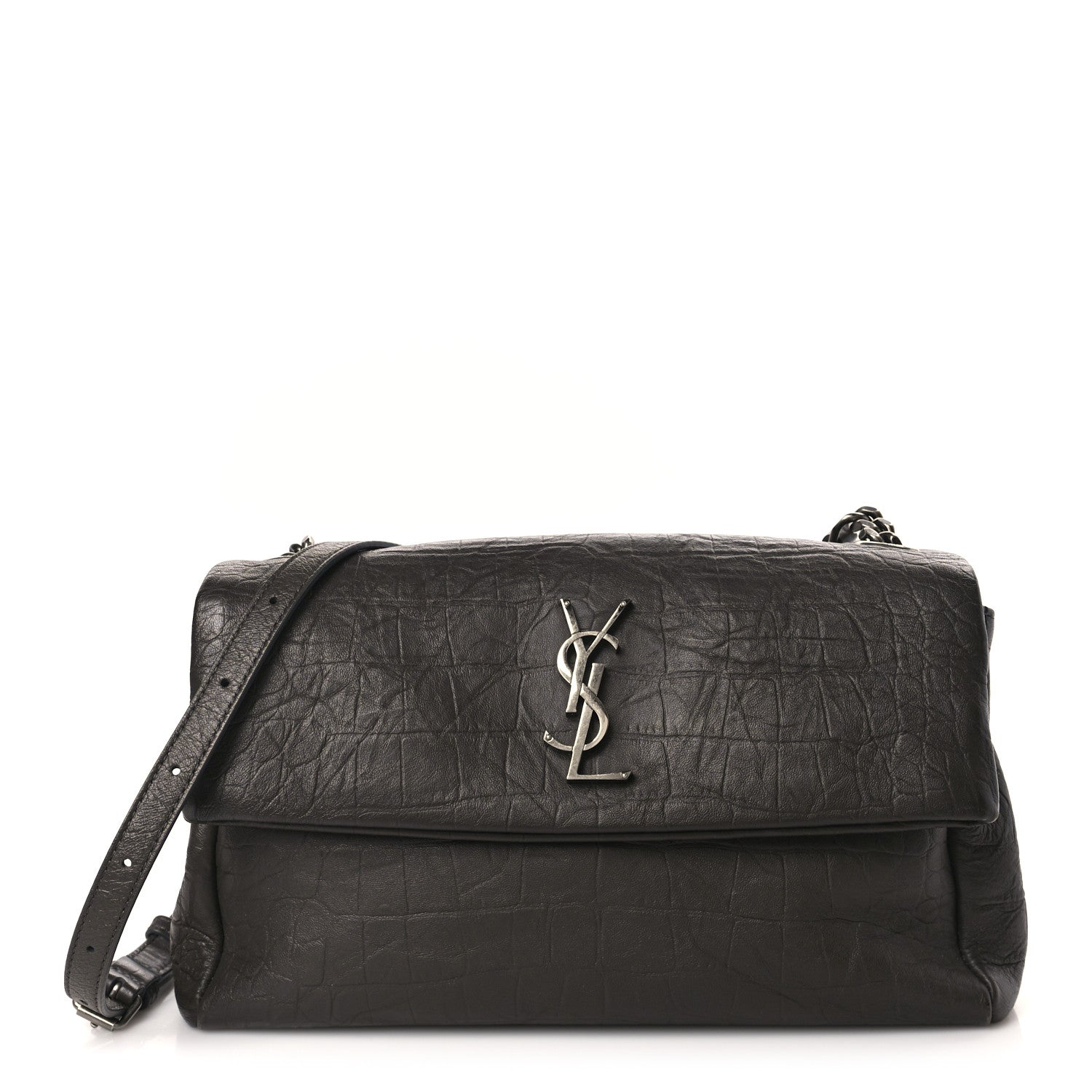 Saint Laurent Calfskin Crocodile Embossed Medium West Hollywood Monogram Fold-Over Grey 1 of 9