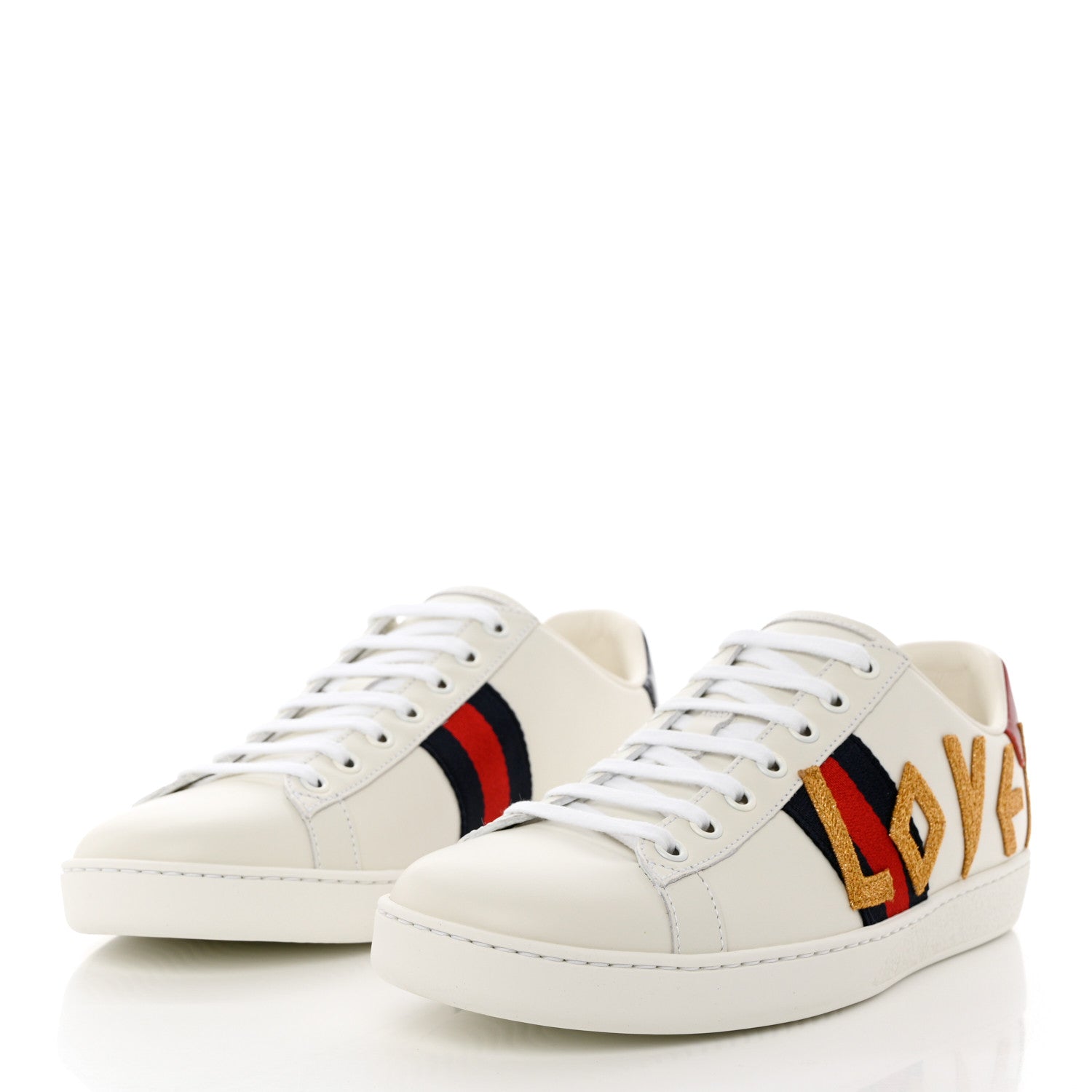 Gucci Calfskin Nappa Web LOVED Embroidered Womens Ace Sneakers 40 White Red Flame Notte 3 of 9