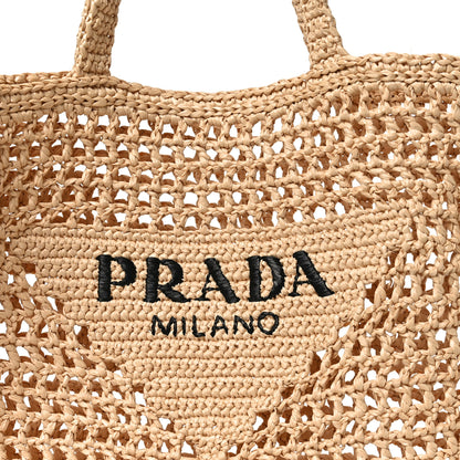 Prada Yarn Raffia Effect Crochet Logo Embroidered Tote Bag Naturale 7 of 9